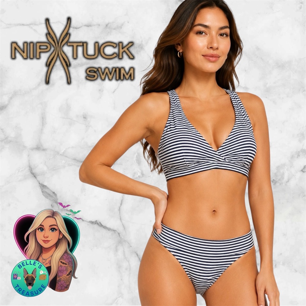 Nip Tuck Women's 10 Bikini Navy White Striped Swim Bathing Suit Multi Fit Cup